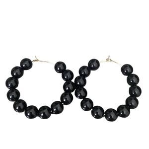 Black Beaded Gold Tone Hoop Earrings